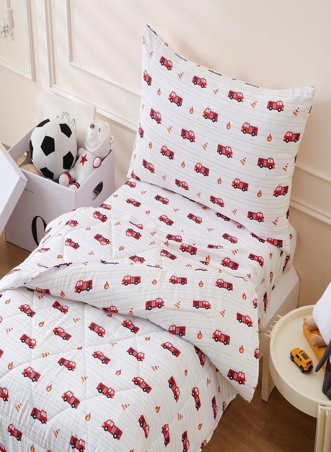 LONAVA Toddler Kids Comforter Set - 4 Pieces Toddler Bedding Sets for Boys Girls Children, Ultra Soft Microfiber Bed in A Bag with Flat Fitted Sheets, Fire Truck - Image 1